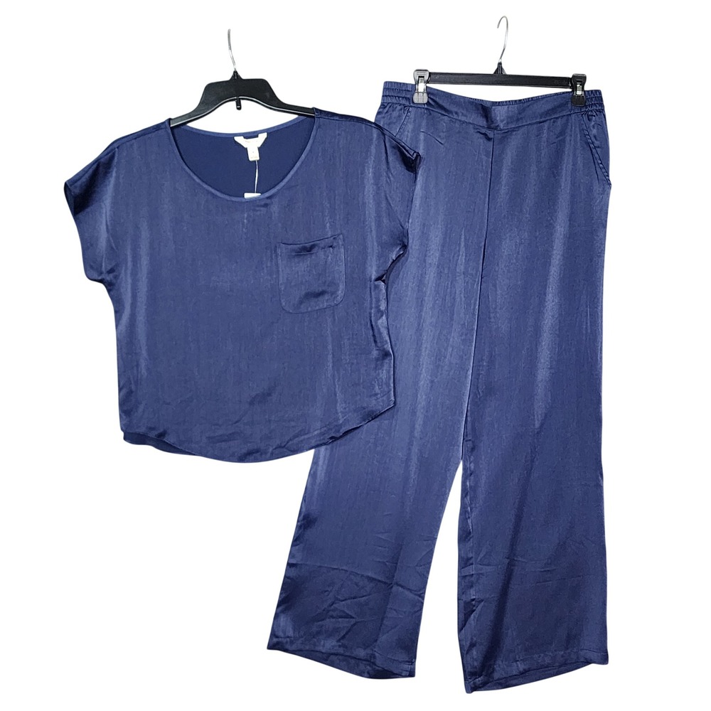 State of Day Satin Pajama Set Short Sleeve Wide Leg Navy Dawn Crepe De Chine Med - Picture 2 of 5